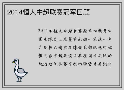 2014恒大中超联赛冠军回顾