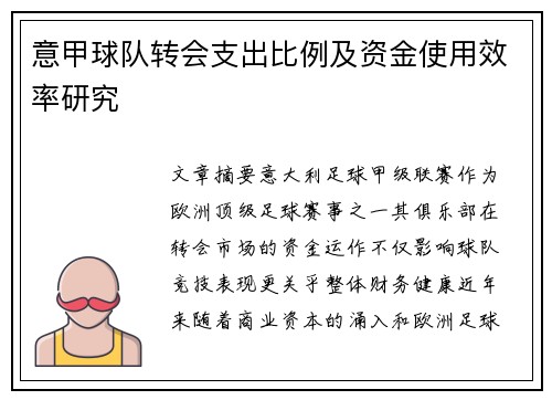 意甲球队转会支出比例及资金使用效率研究