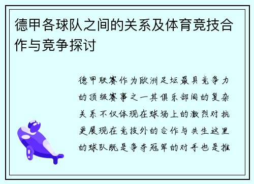 德甲各球队之间的关系及体育竞技合作与竞争探讨