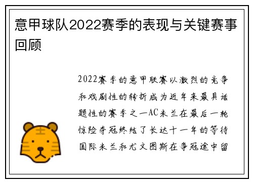 意甲球队2022赛季的表现与关键赛事回顾